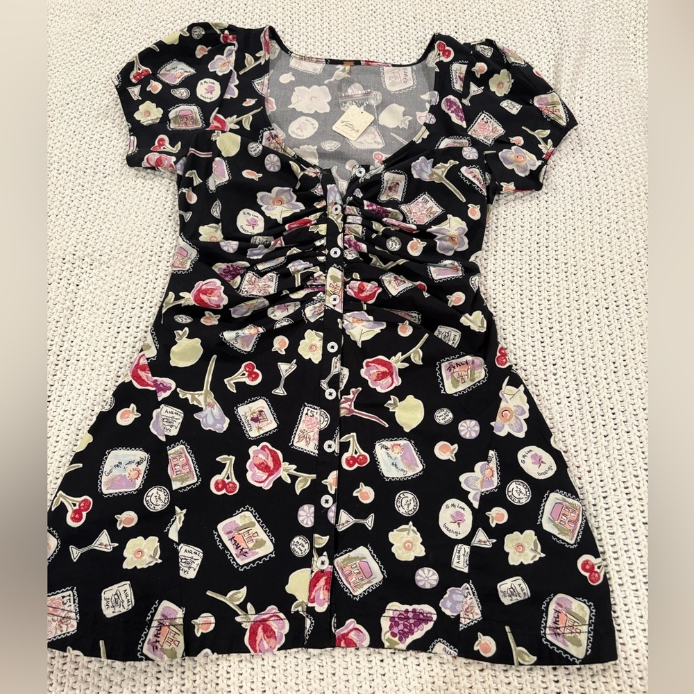 Free People Oakley Martini Black Dress with Floral and Cherry Accents
